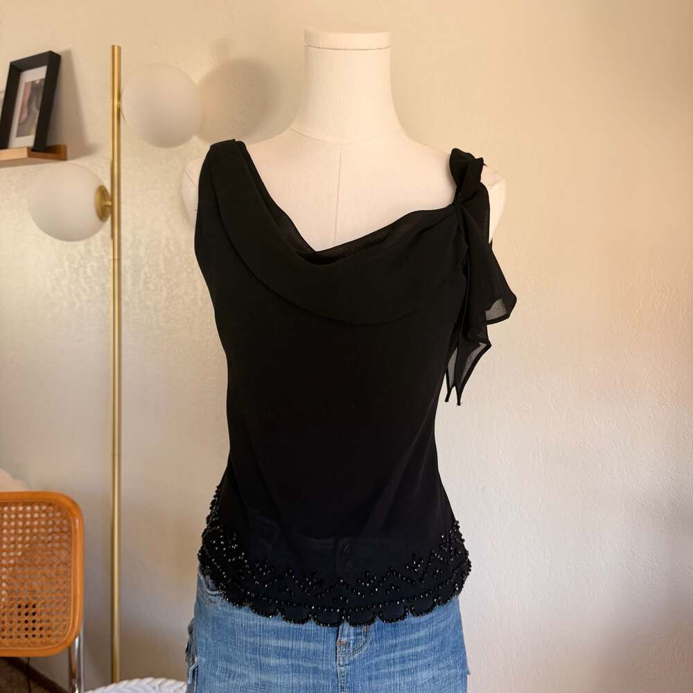 Another Thyme Vintage Black Cowl Neck Blouse Beaded Hem Small